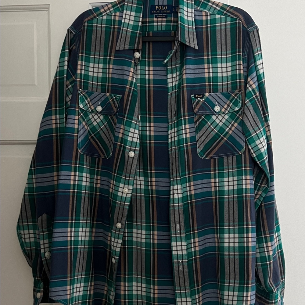 Ralph Lauren Teal and Navy Plaid Button-Down Shirt